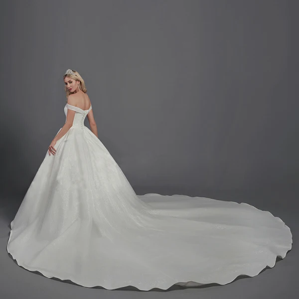 Glitzernden Bling Bling Weiß Ballkleid Brautkleider / Hochzeitskleider 2020 Gekreuzte Träger Off Shoulder Rückenfreies Perlenstickerei Pailletten Kapelle-Schleppe Hochzeit