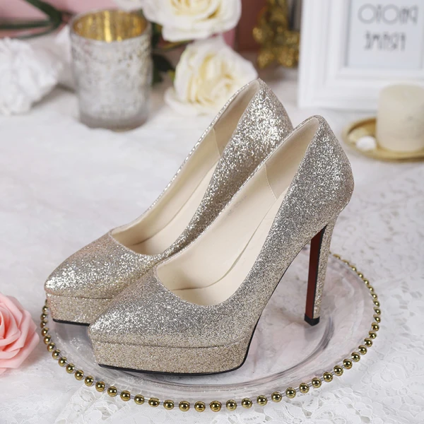 Mode Guld Brudskor 2019 12 cm Polyester Glittriga / Glitter Paljetter Pumps Spetsiga Bröllop Högklackade