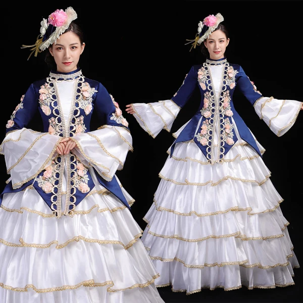 Vintage / Retro Medieval White Navy Blue Ball Gown Prom Dresses 2021 Long Sleeve High Neck Floor-Length / Long 3D Lace Embroidered Flower Cosplay Prom Formal Dresses