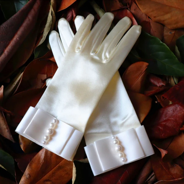 Luxury / Gorgeous Ivory Bridal Gloves 2020 Satin Beading Pearl Prom Wedding Accessories
