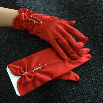 Classic Elegant Red Bridal Gloves 2020 Satin Beading Pearl Prom Wedding Accessories