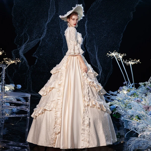 Vintage / Retro Medieval Champagne Ball Gown Prom Dresses 2021 Square Neckline Zipper Up 3/4 Sleeve Floor-Length / Long Handmade Beading Cosplay Formal Dresses