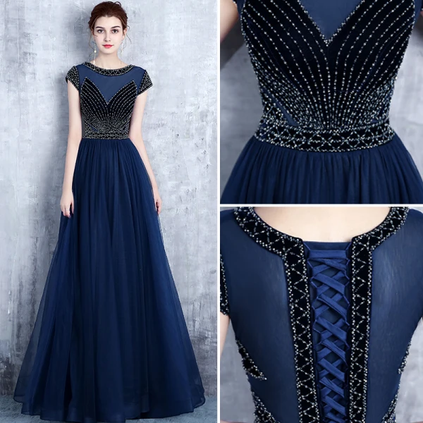Modern / Fashion Navy Blue Evening Dresses 2017 Sparkly U-Neck Lace Striped Rhinestone Evening Party A-Line / Princess Formal Dresses