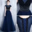 Modern / Fashion Navy Blue Evening Dresses  2017 Sparkly U-Neck Lace Striped Rhinestone Evening Party A-Line / Princess Formal Dresses