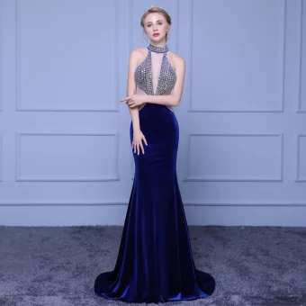 Modern Fashion Navy Blue Evening Dresses 2018 Trumpet Mermaid High Neck Tulle Backless Beading Rhinestone Evening Party Formal Dresses