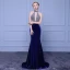 Modern / Fashion Navy Blue Evening Dresses  2018 Trumpet / Mermaid High Neck Tulle Backless Beading Rhinestone Evening Party Formal Dresses