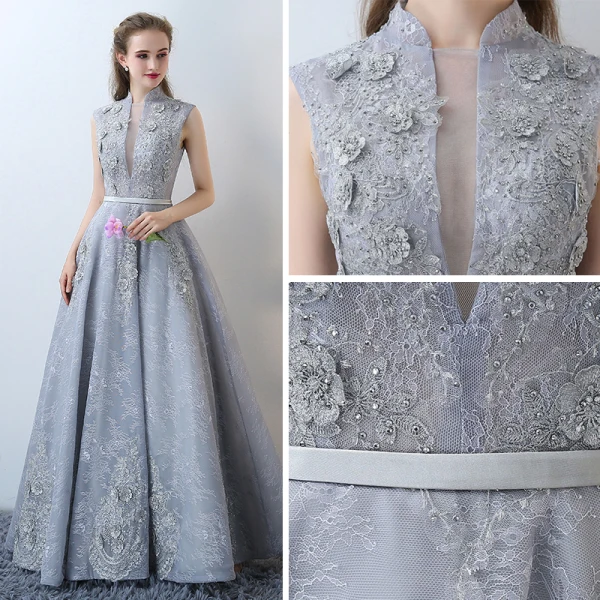 Chic / Beautiful Evening Dresses Grey 2017 V-Neck Crossed Straps Appliques Backless Embroidered Leopard Print Printing Charmeuse Lace Cocktail Party Evening Party Sleeveless A-Line / Princess