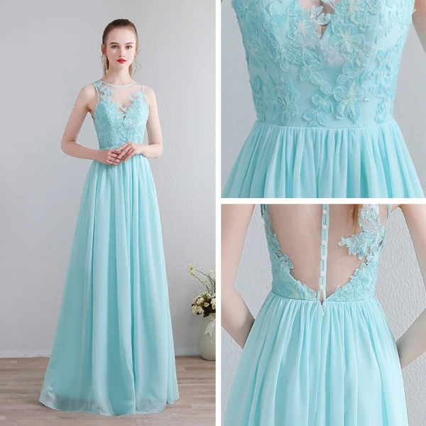 Modern / Fashion Pool Blue Floor-Length / Long Evening Dresses 2018 U-Neck Chiffon Appliques Backless Beading Pearl Pierced Evening Party Formal Dresses