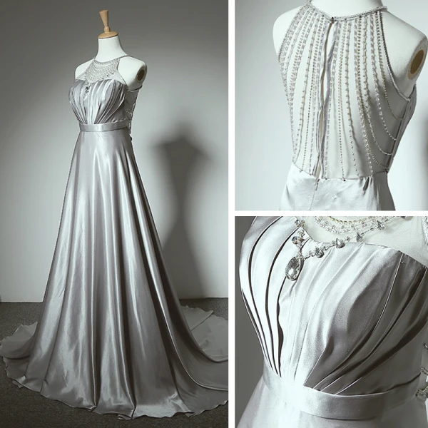 Amazing / Unique Grey Court Train Evening Dresses 2018 Charmeuse A-Line / Princess U-Neck Zipper Up Backless Beading Evening Party Formal Dresses