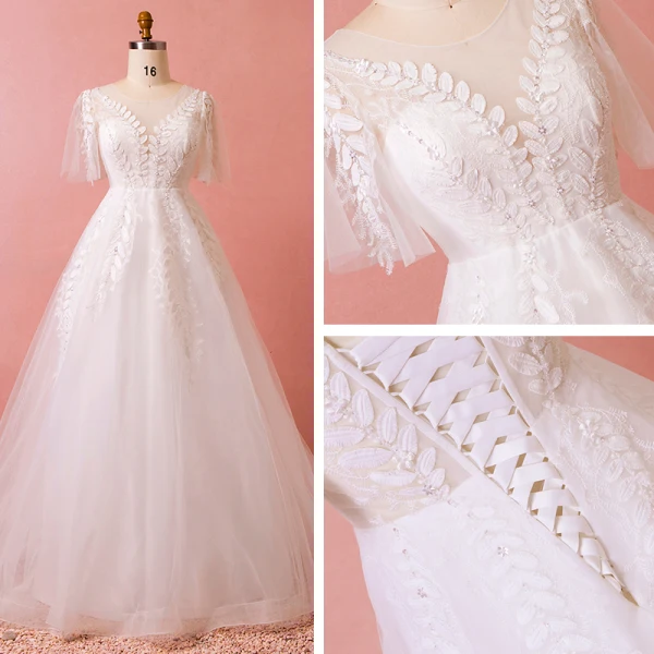 Schöne Weiß Kapelle-Schleppe Hochzeit 2018 A Linie U-Ausschnitt Tülle Strass Applikationen Rückenfreies Perlenstickerei Brautkleider
