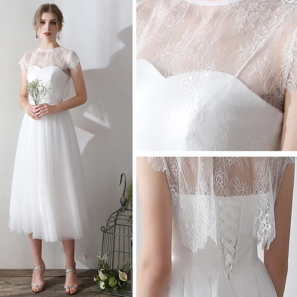 Classic Elegant White Tea-length Evening Dresses 2018 A-Line / Princess Tulle Lace-up With Shawl Evening Party Formal Dresses