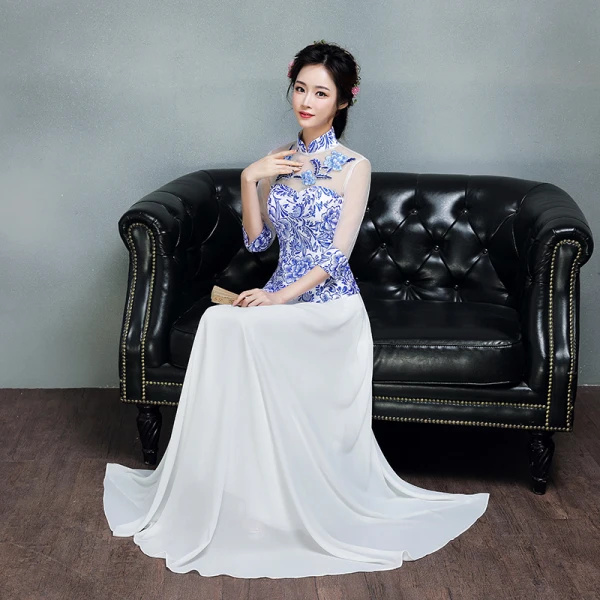 Chinese style Royal Blue Floor-Length / Long Evening Dresses 2018 A-Line / Princess 3/4 Sleeve Backless Printing Tulle Evening Party Formal Dresses