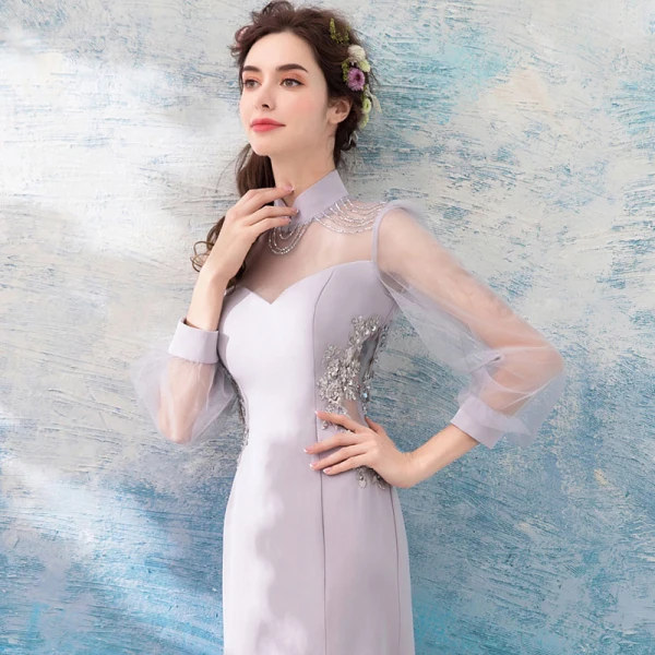 Luxury / Gorgeous Grey 2018 Evening Dresses Summer Trumpet / Mermaid Tulle Lace High Neck Floor-Length / Long Long Sleeve Beading Appliques Backless Evening Party Formal Dresses