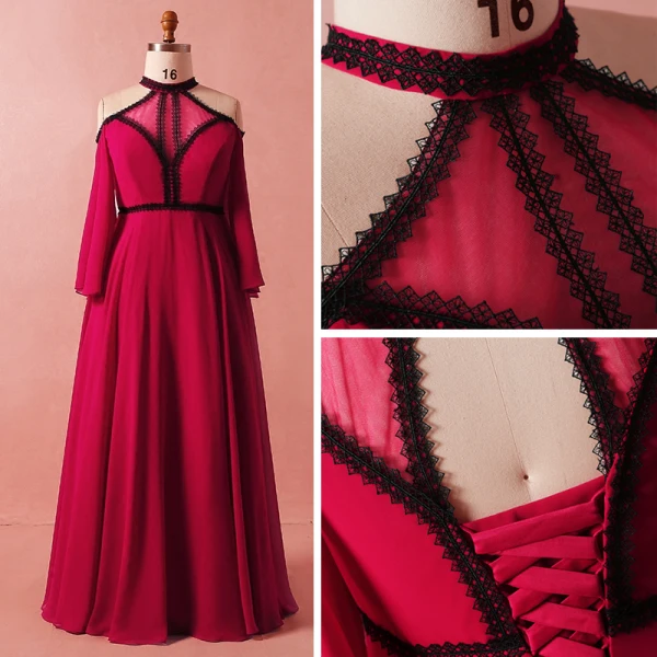 Classique Élégant Rouge Grande Taille 2018 Robe De Soirée Princesse En Dentelle Satin Col Haut Bretelles croisées Appliques Dos Nu Été Manches Longues Soirée Robe De Ceremonie