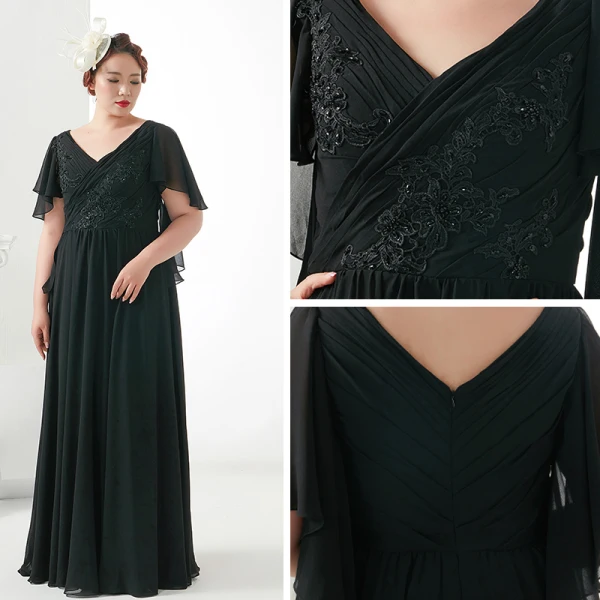 Klassisch Elegante Übergröße Abendkleider 2018 V-Ausschnitt A Linie Chiffon Schwarz Reißverschluss Applikationen Rückenfreies Perlenstickerei Abend Ballkleider