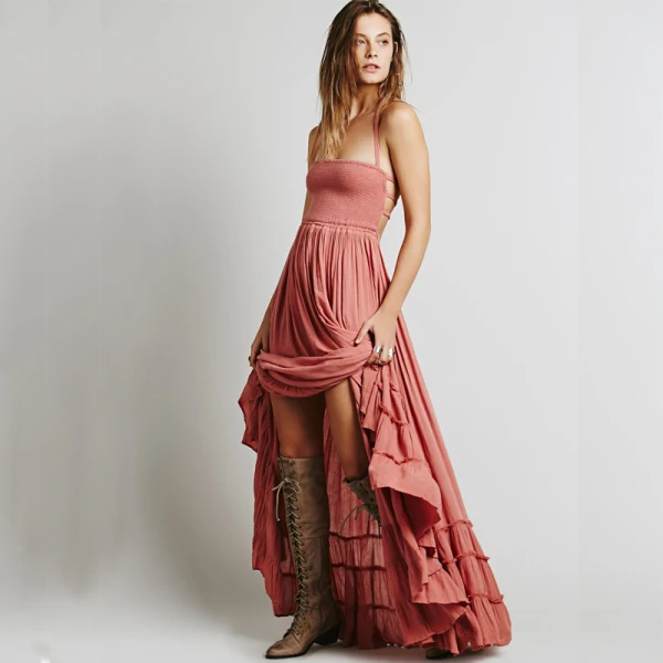 Modest / Simple Blushing Pink Floor-Length / Long Maxi Dresses 2018 A-Line / Princess Beach Strappy Rayon Spaghetti Straps Summer Women's Clothing