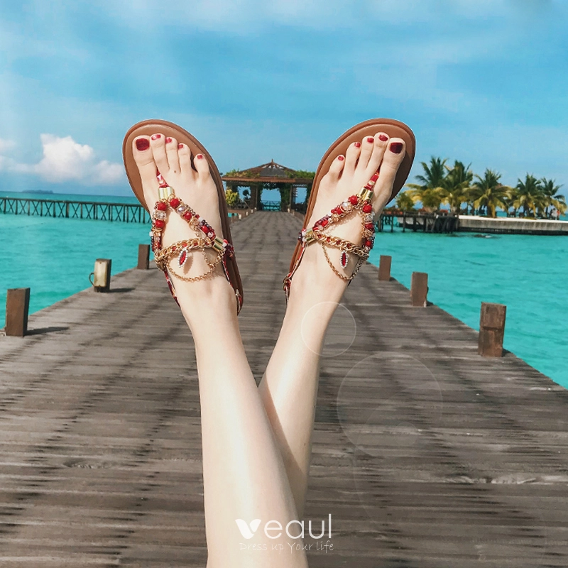 Bohemia Luxury Gorgeous Brown Womens Sandals Beach Outdoor Garden Open Peep Toe Summer Beading Crystal Rhinestone