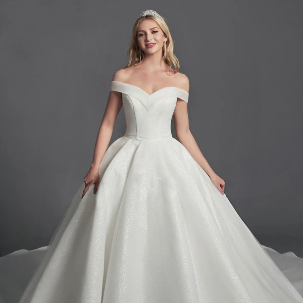 Glitzernden Bling Bling Weiß Ballkleid Brautkleider / Hochzeitskleider 2020 Gekreuzte Träger Off Shoulder Rückenfreies Perlenstickerei Pailletten Kapelle-Schleppe Hochzeit
