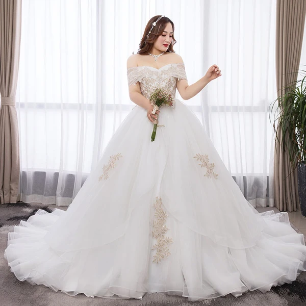 Chic / Belle Blanche Robe Boule Grande Taille Robe De Mariée 2019 Dentelle Tulle Appliques Dos Nu Faux Diamant Bustier Chapel Train Mariage