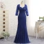 Vintage / Originale Bleu Roi Robe De Mère De Mariée 2019 Dentelle Chiffon V-Cou Appliques Perlage Brodé Faux Diamant Train De Balayage Église Trompette / Sirène Robe Pour Mariage