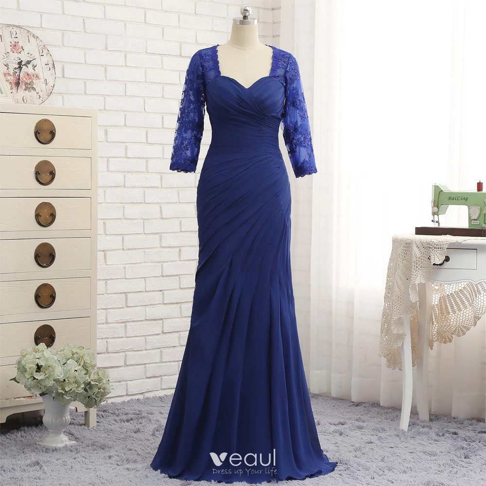 Vintage Retro Royal Blue Mother Of The Bride Dresses 2019 Lace Chiffon V Neck Appliques Beading Embroidered Rhinestone Sweep Train Church Trumpet Mermaid Wedding Party Dresses