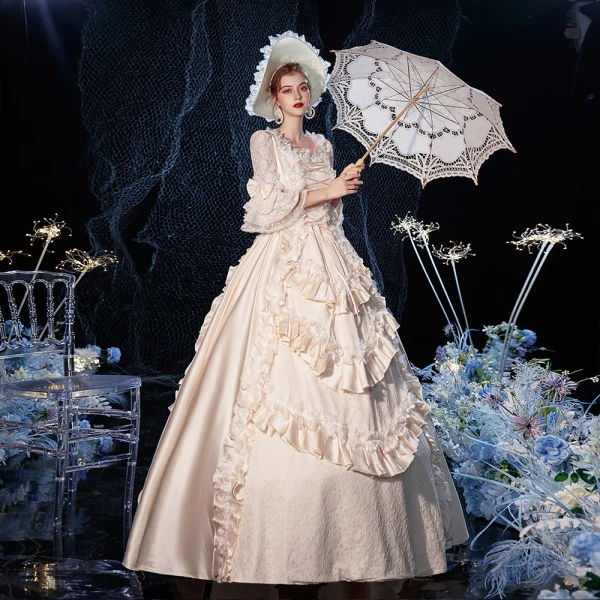 Vintage / Retro Medieval Champagne Ball Gown Prom Dresses 2021 Square Neckline Zipper Up 3/4 Sleeve Floor-Length / Long Handmade Beading Cosplay Formal Dresses