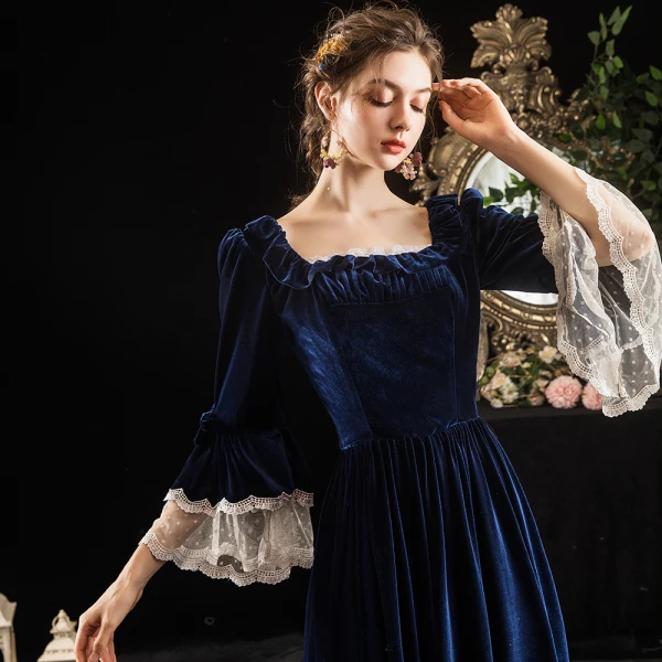 Vintage / Retro Medieval Navy Blue Evening Dresses  2021 A-Line / Princess Square Neckline 3/4 Sleeve Lace Floor-Length / Long Lace Satin Tulle Evening Party Formal Dresses
