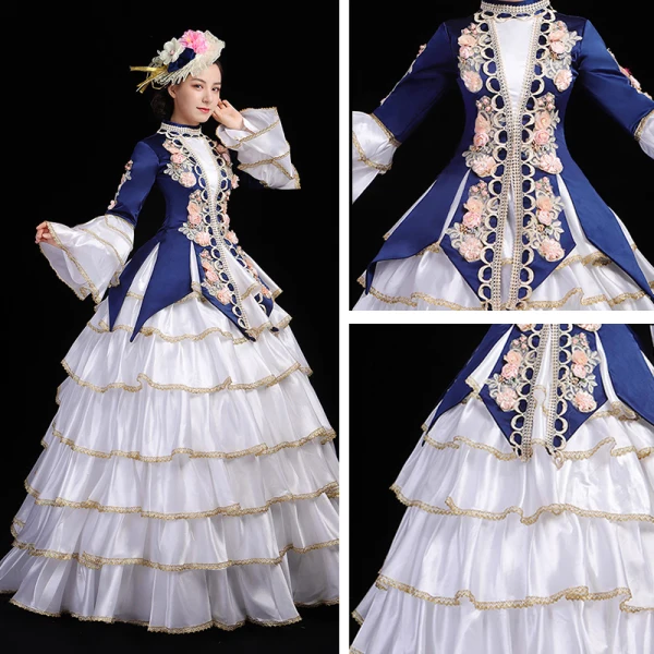 Vintage / Retro Medieval White Navy Blue Ball Gown Prom Dresses 2021 Long Sleeve High Neck Floor-Length / Long 3D Lace Embroidered Flower Cosplay Prom Formal Dresses