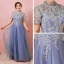Chic / Beautiful Ocean Blue Plus Size Prom Dresses 2018 A-Line / Princess Summer Short Sleeve Tulle Lace-up Scoop Neck Crossed Straps Appliques Backless Evening Party Evening Dresses