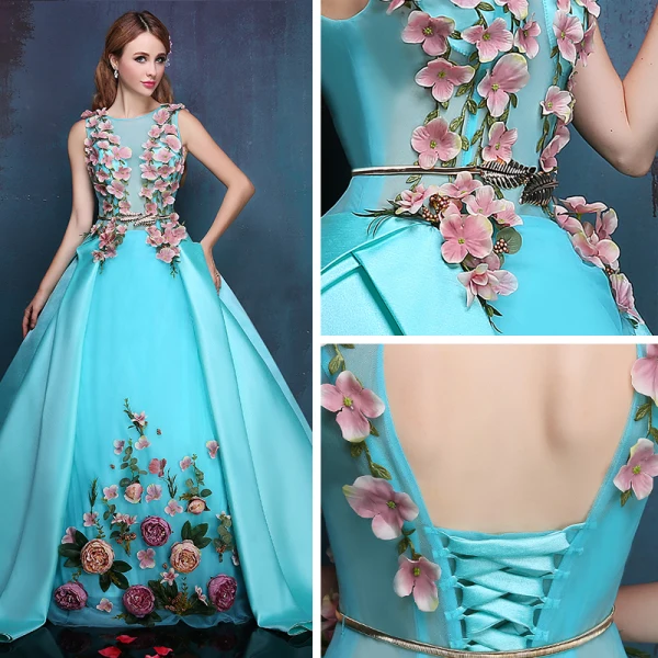 Flower Fairy Jade Green Floor-Length / Long Ball Gown Prom Dresses 2018 Ankle Strap Charmeuse U-Neck Appliques Formal Dresses