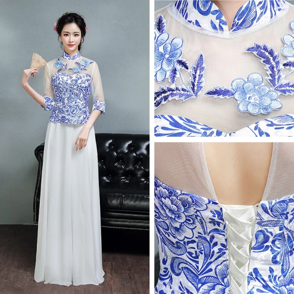 Chinese style Royal Blue Floor-Length / Long Evening Dresses 2018 A-Line / Princess 3/4 Sleeve Backless Printing Tulle Evening Party Formal Dresses