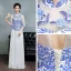 Chinese style Royal Blue Floor-Length / Long Evening Dresses  2018 A-Line / Princess 3/4 Sleeve Backless Printing Tulle Evening Party Formal Dresses