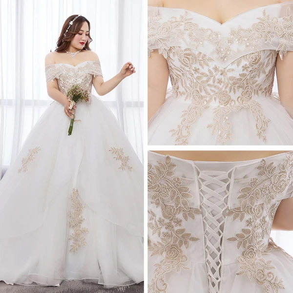 Chic / Belle Blanche Robe Boule Grande Taille Robe De Mariée 2019 Dentelle Tulle Appliques Dos Nu Faux Diamant Bustier Chapel Train Mariage
