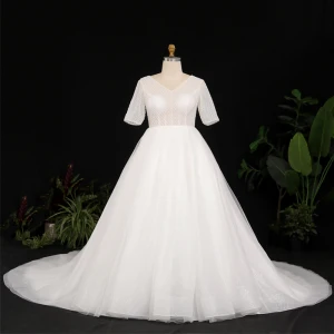 Amazing Unique Ivory Plus Size Ball Gown Wedding Dresses 2021 V Neck Crossed Straps Short Sleeve Backless Glitter Sequins Solid Color Chapel Train Wedding