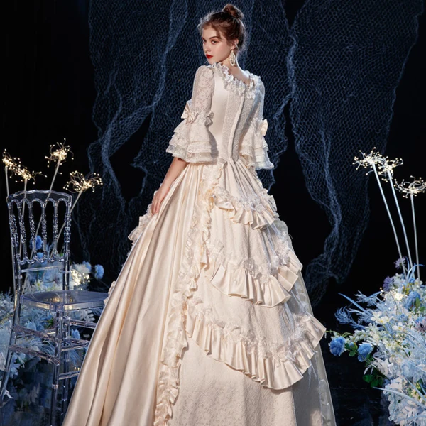 Vintage / Retro Medieval Champagne Ball Gown Prom Dresses 2021 Square Neckline Zipper Up 3/4 Sleeve Floor-Length / Long Handmade Beading Cosplay Formal Dresses
