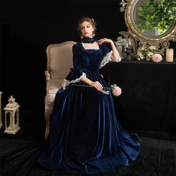 Vintage Retro Medieval Navy Blue Evening Dresses 2021 A Line Princess Square Neckline 3 4 Sleeve Lace Floor Length Long Lace Satin Tulle Evening Party Formal Dresses