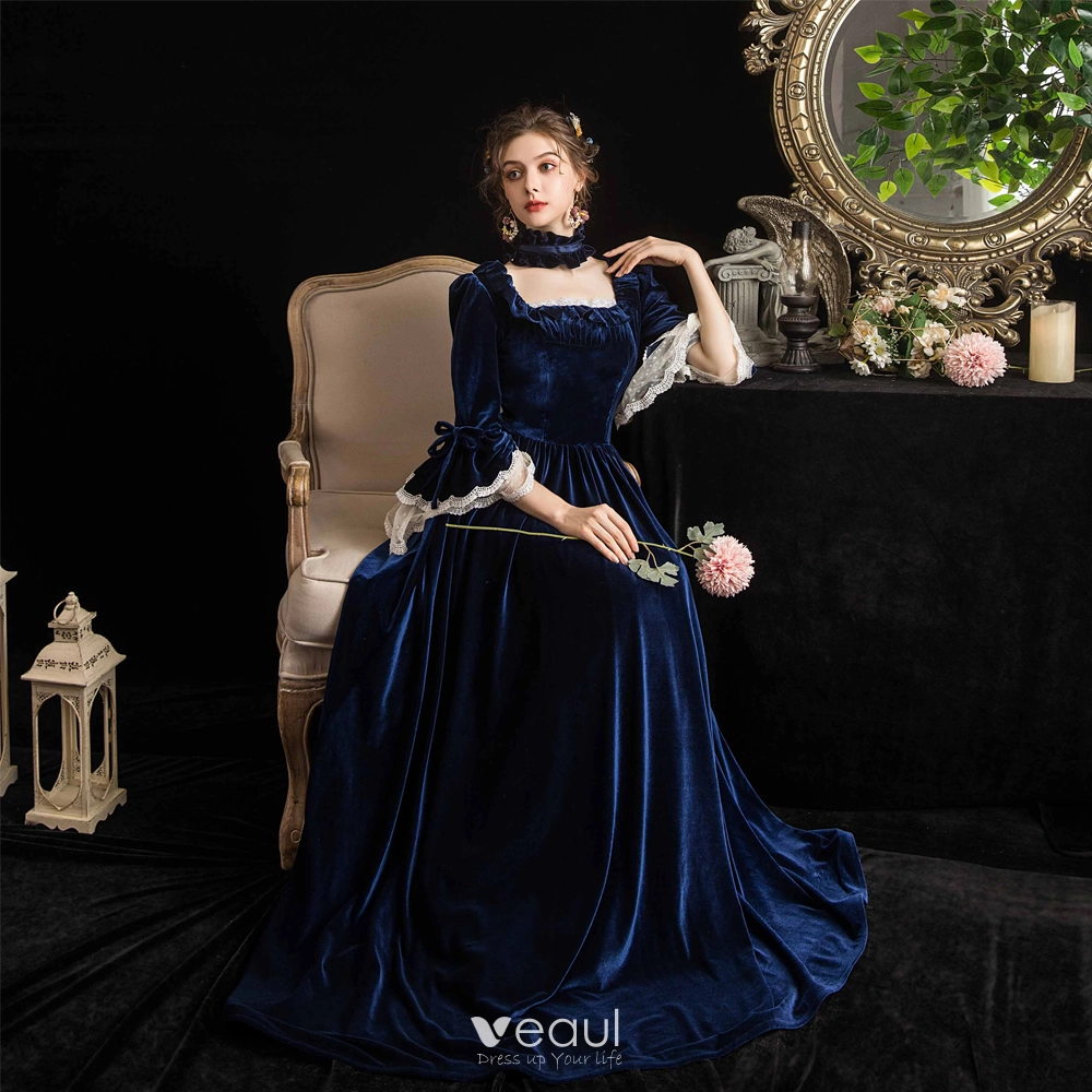 Vintage Retro Medieval Navy Blue Evening Dresses 2021 A Line Princess Square Neckline 3 4 Sleeve Lace Floor Length Long Lace Satin Tulle Evening Party Formal Dresses