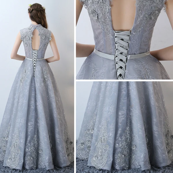 Chic / Beautiful Evening Dresses Grey 2017 V-Neck Crossed Straps Appliques Backless Embroidered Leopard Print Printing Charmeuse Lace Cocktail Party Evening Party Sleeveless A-Line / Princess