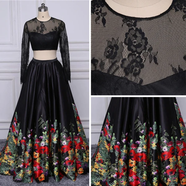 Fine Svart Ballkjoler 2017 Prinsesse U-Hals Brodert Blomst Boret Printing Selskapskjoler Aften