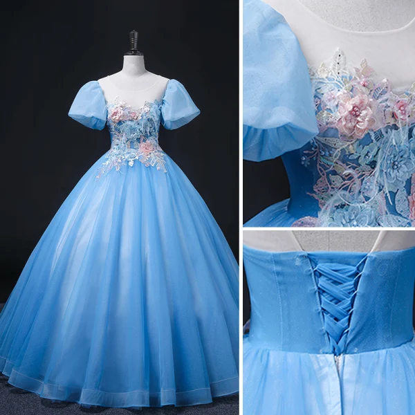 Elegant Pool Blue Pearl Sequins Lace Flower Prom Dresses 2022 Ball Gown Scoop Neck Puffy Short Sleeve Backless Floor-Length / Long Formal Dresses