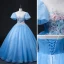 Elegant Pool Blue Pearl Sequins Lace Flower Prom Dresses 2022 Ball Gown Scoop Neck Puffy Short Sleeve Backless Floor-Length / Long Formal Dresses