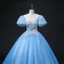 Elegant Pool Blue Pearl Sequins Lace Flower Prom Dresses 2022 Ball Gown Scoop Neck Puffy Short Sleeve Backless Floor-Length / Long Formal Dresses