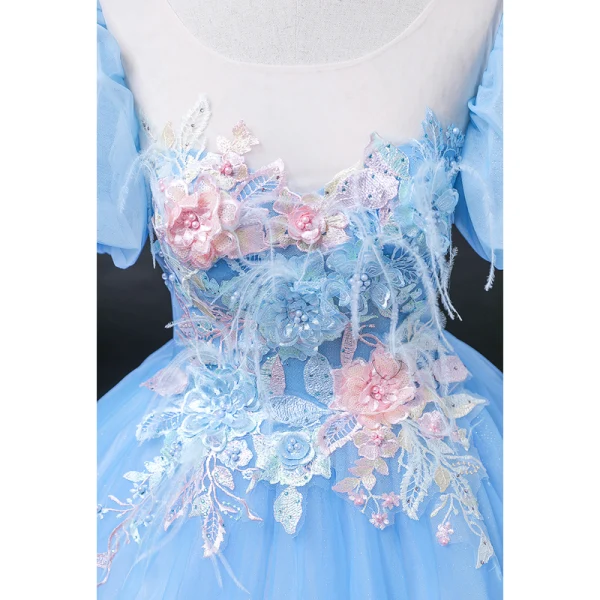 Elegant Pool Blue Pearl Sequins Lace Flower Prom Dresses 2022 Ball Gown Scoop Neck Puffy Short Sleeve Backless Floor-Length / Long Formal Dresses