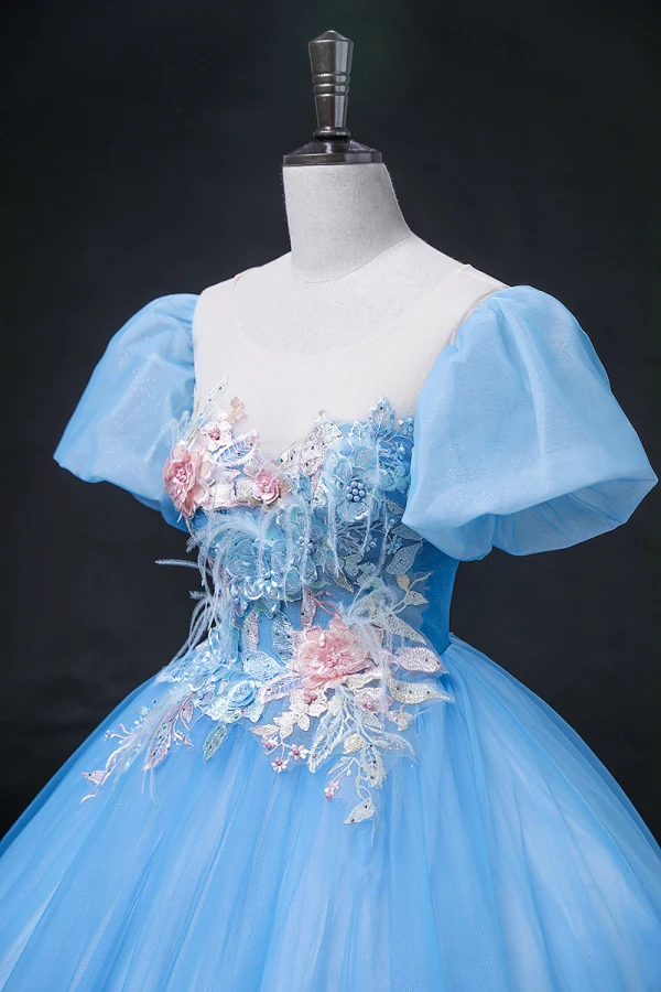 Elegant Pool Blue Pearl Sequins Lace Flower Prom Dresses 2022 Ball Gown Scoop Neck Puffy Short Sleeve Backless Floor-Length / Long Formal Dresses