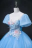 Elegant Pool Blue Pearl Sequins Lace Flower Prom Dresses 2022 Ball Gown Scoop Neck Puffy Short Sleeve Backless Floor-Length / Long Formal Dresses