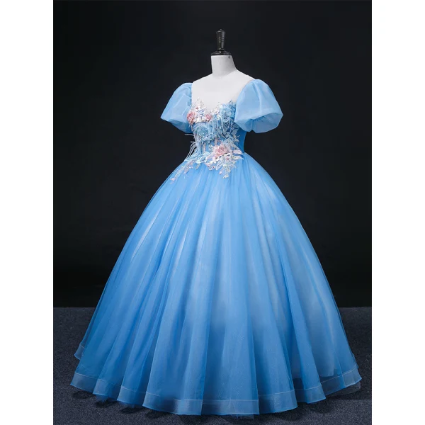 Elegant Pool Blue Pearl Sequins Lace Flower Prom Dresses 2022 Ball Gown Scoop Neck Puffy Short Sleeve Backless Floor-Length / Long Formal Dresses