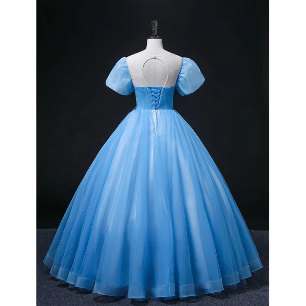 Elegant Pool Blue Pearl Sequins Lace Flower Prom Dresses 2022 Ball Gown Scoop Neck Puffy Short Sleeve Backless Floor-Length / Long Formal Dresses