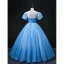 Elegant Pool Blue Pearl Sequins Lace Flower Prom Dresses 2022 Ball Gown Scoop Neck Puffy Short Sleeve Backless Floor-Length / Long Formal Dresses