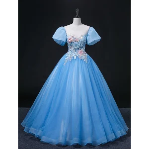 Élégant Bleu Perle Paillettes En Dentelle Fleur Robe De Bal 2022 Robe Boule Encolure Dégagée Gonflée Manches Courtes Dos Nu Longue Robe De Ceremonie