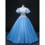 Elegant Pool Blue Pearl Sequins Lace Flower Prom Dresses 2022 Ball Gown Scoop Neck Puffy Short Sleeve Backless Floor-Length / Long Formal Dresses
